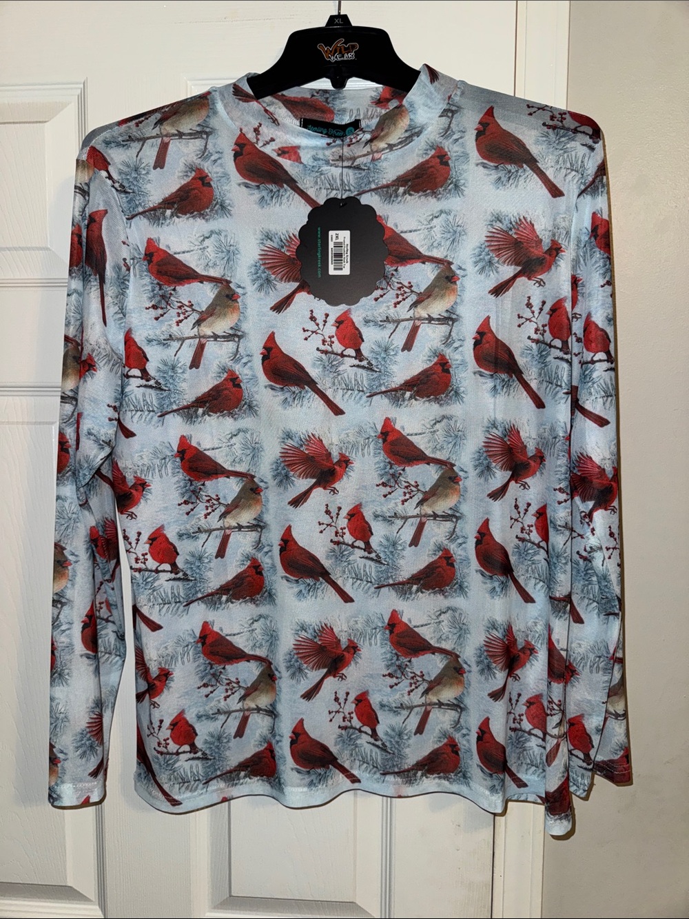 NWT Sterling Kreek Cardinal Print Long-Sleeve Blouse - Light Blue / Red